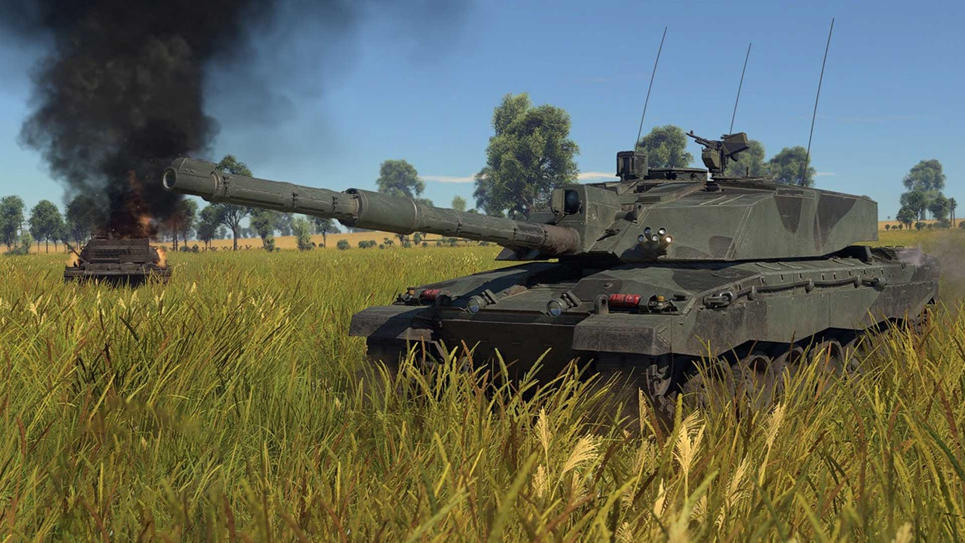 A tank sits ominously in the foreground, as an enemy tank smolder in the background 