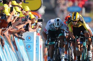 Team Bora rider Slovakias Peter Sagan L and Team Jumbo rider Belgiums Wout van Aert 2ndL sprint at the end of the 11th stage of the 107th edition of the Tour de France cycling race 167 km between Chatelaillon Plage and Poitiers on September 9 2020 Photo by Thibault Camus various sources AFP Photo by THIBAULT CAMUSAFP via Getty Images