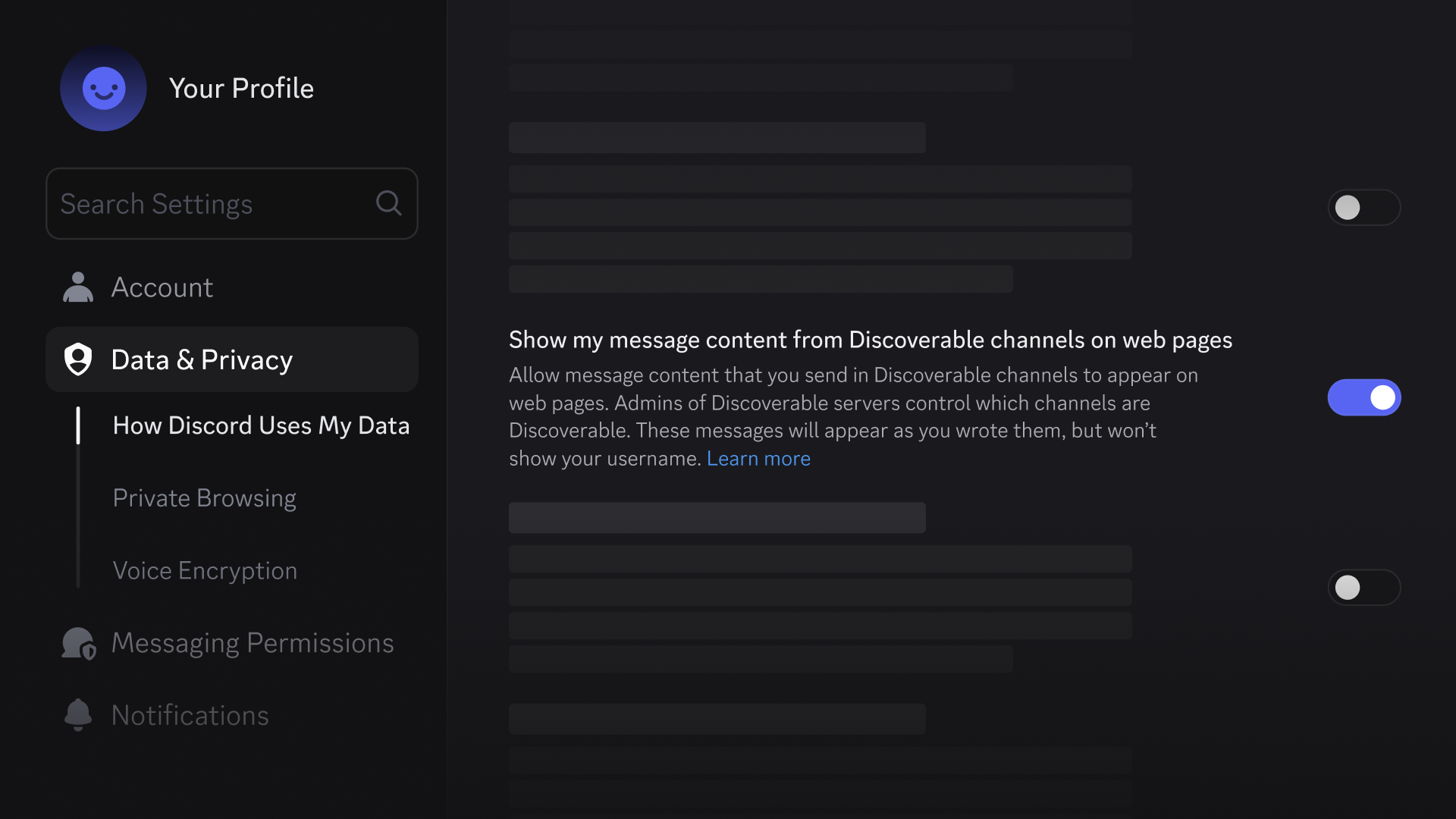 Discord Discoverable Server web search settings and examples.