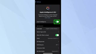 Apple Intelligence toggle highlighted