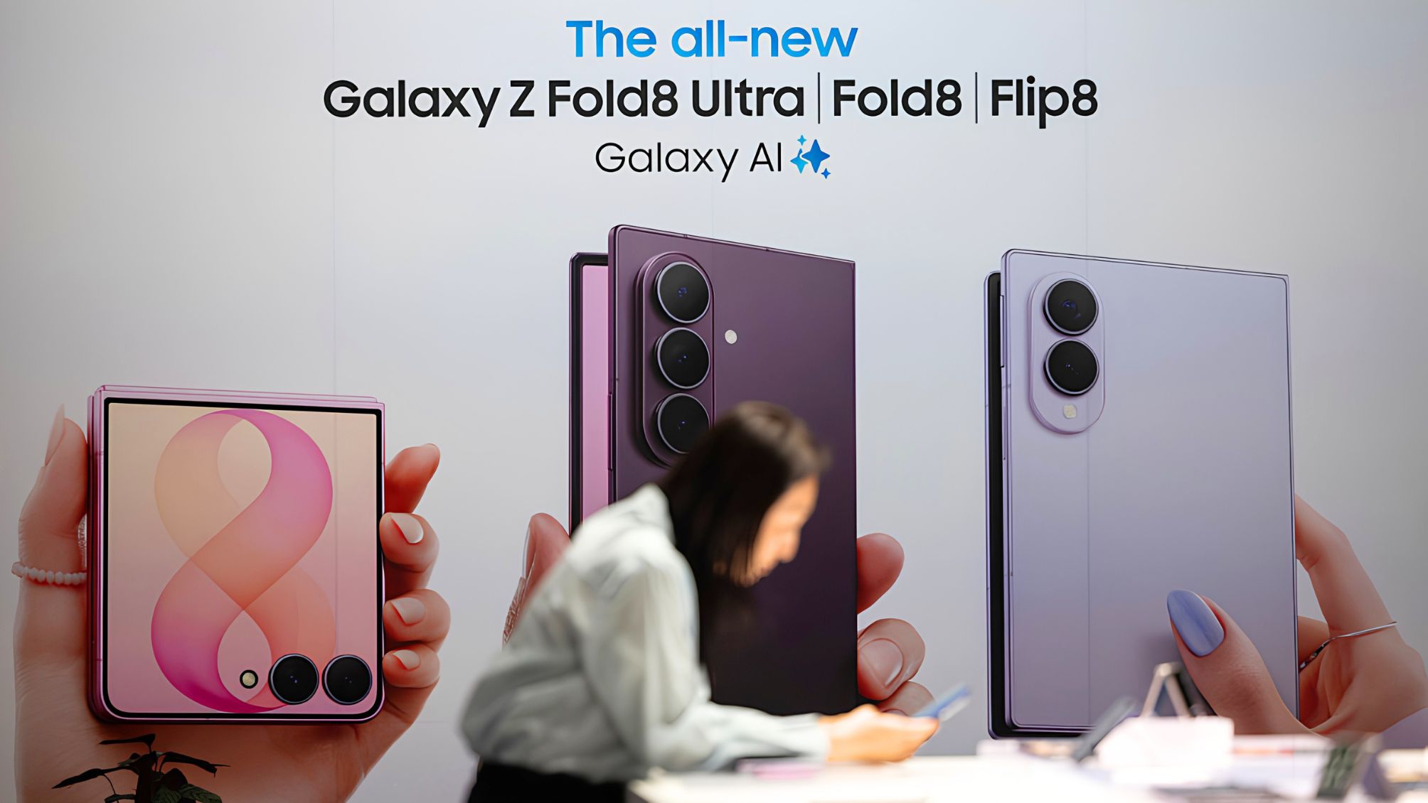 An advertisement for the new Samsung Galaxy Z Fold 8 and Galaxy Z Flip 8 smartphones.