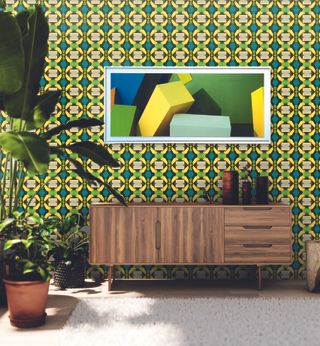 yellow, green and blue geometric wallpaper by susi bellamy