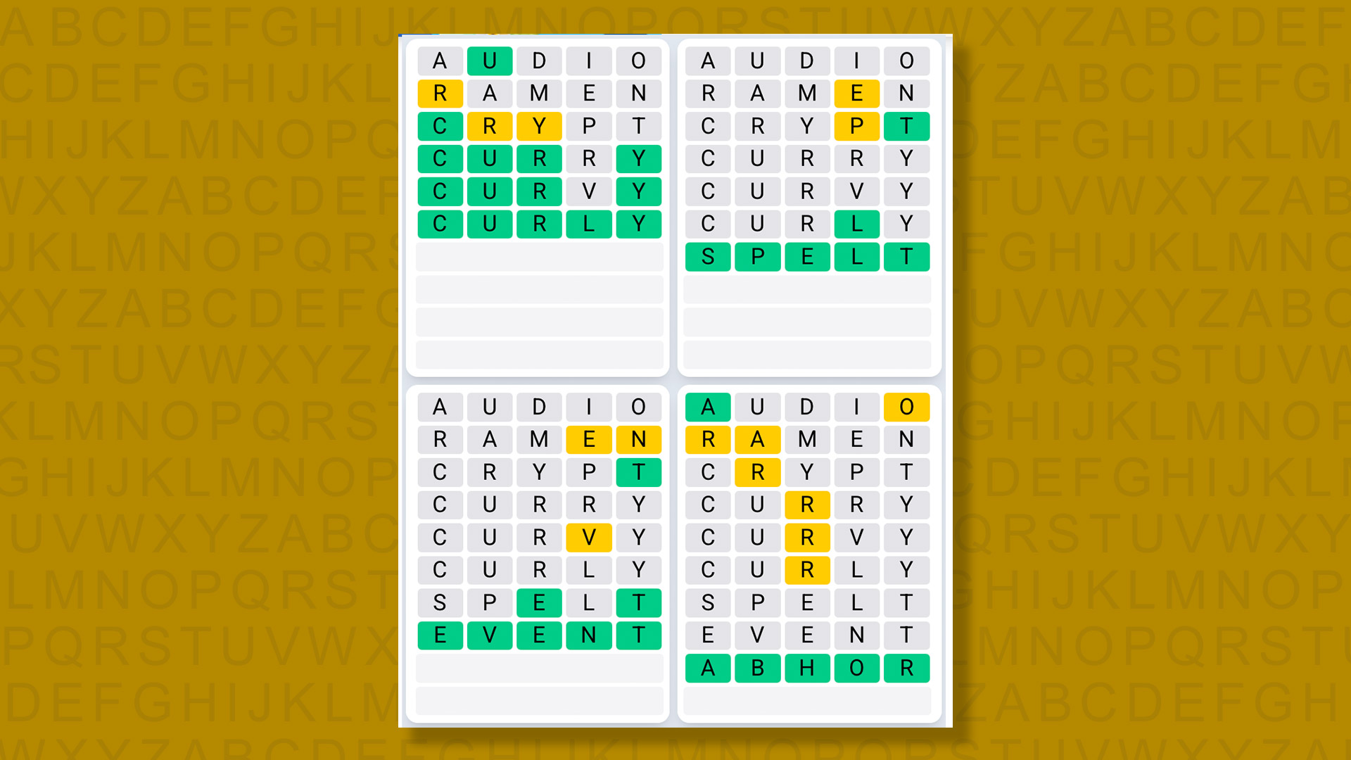 Quordle Daily Sequence answers for game 1544 on a yellow background