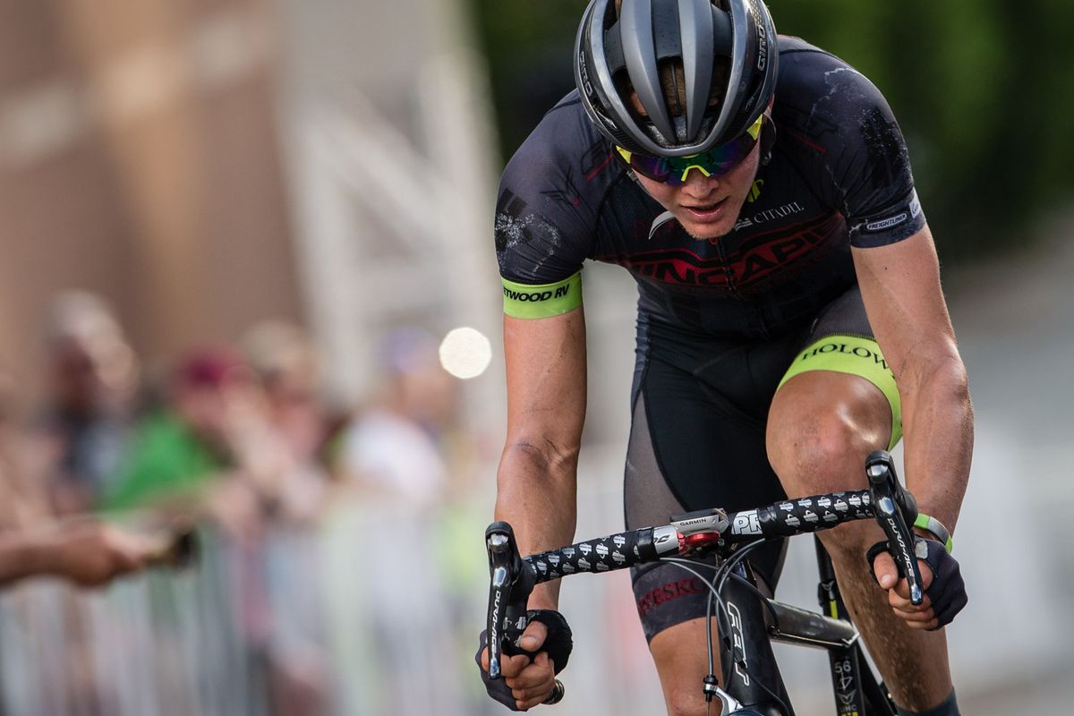 Toms Skujins (Hincapie) passes by for his final lap.