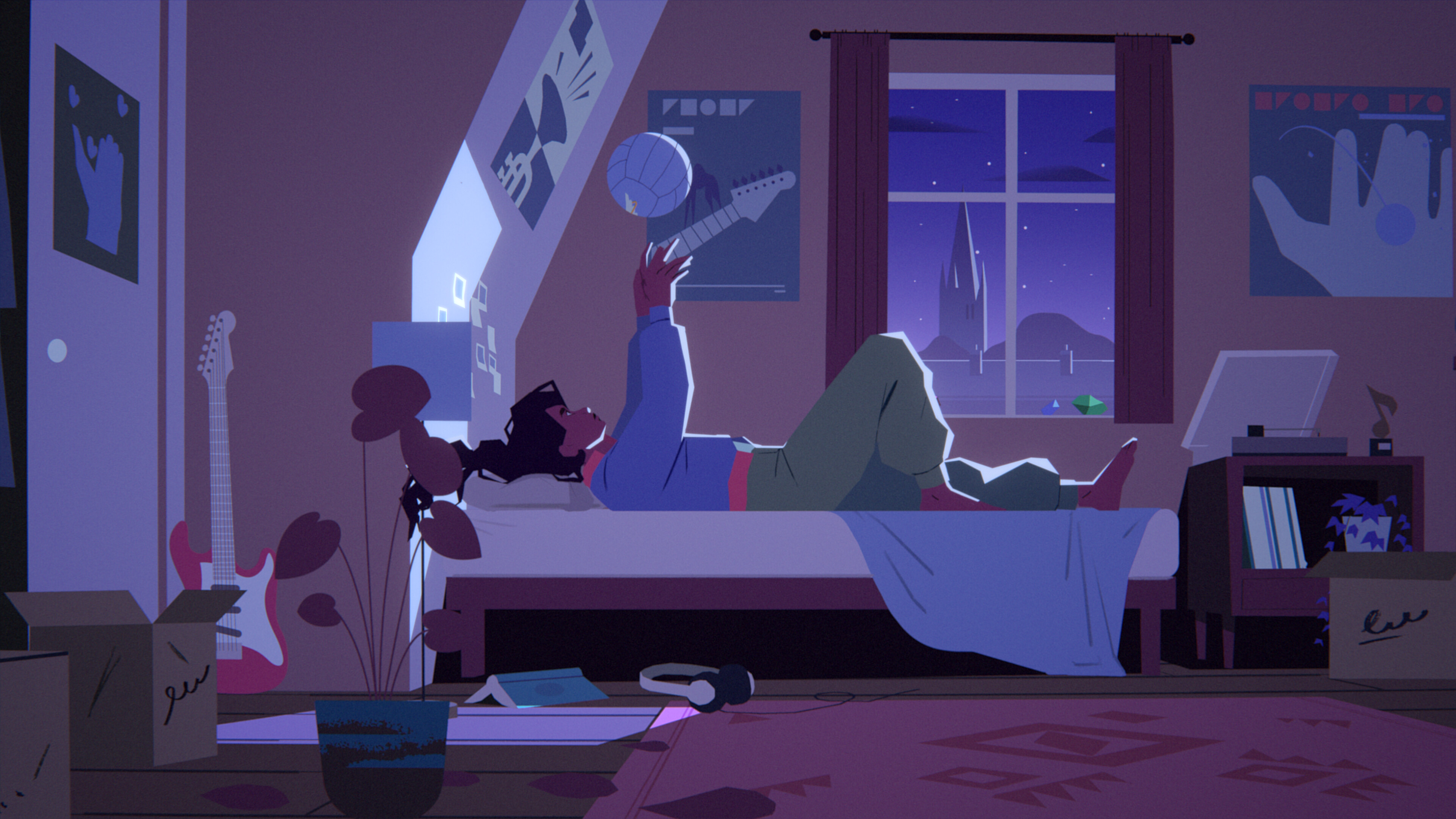 دستا در فیلم Desta: The Memories Between در حالی که متفکرانه روی تختش دراز کشیده با توپ بازی می کند.