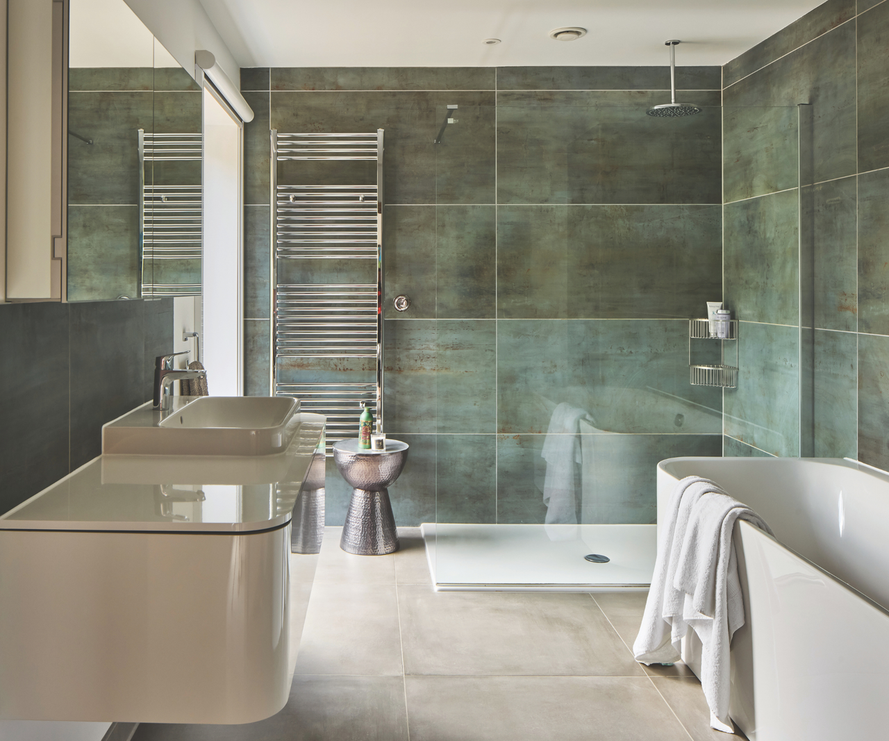Bathroom with large green tiles