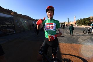 AL ULA SAUDI ARABIA FEBRUARY 05 Maxim Van Gils of Belgium and Team Lotto Soudal green leader jersey celebrates winning the race after the 2nd Saudi Tour 2022 Stage 5 a 1385km stage from AIUIa Old Town to AIUIa Old Town SaudiTour on February 05 2022 in AIUIa Old Town Saudi Arabia Photo by Tim de WaeleGetty Images