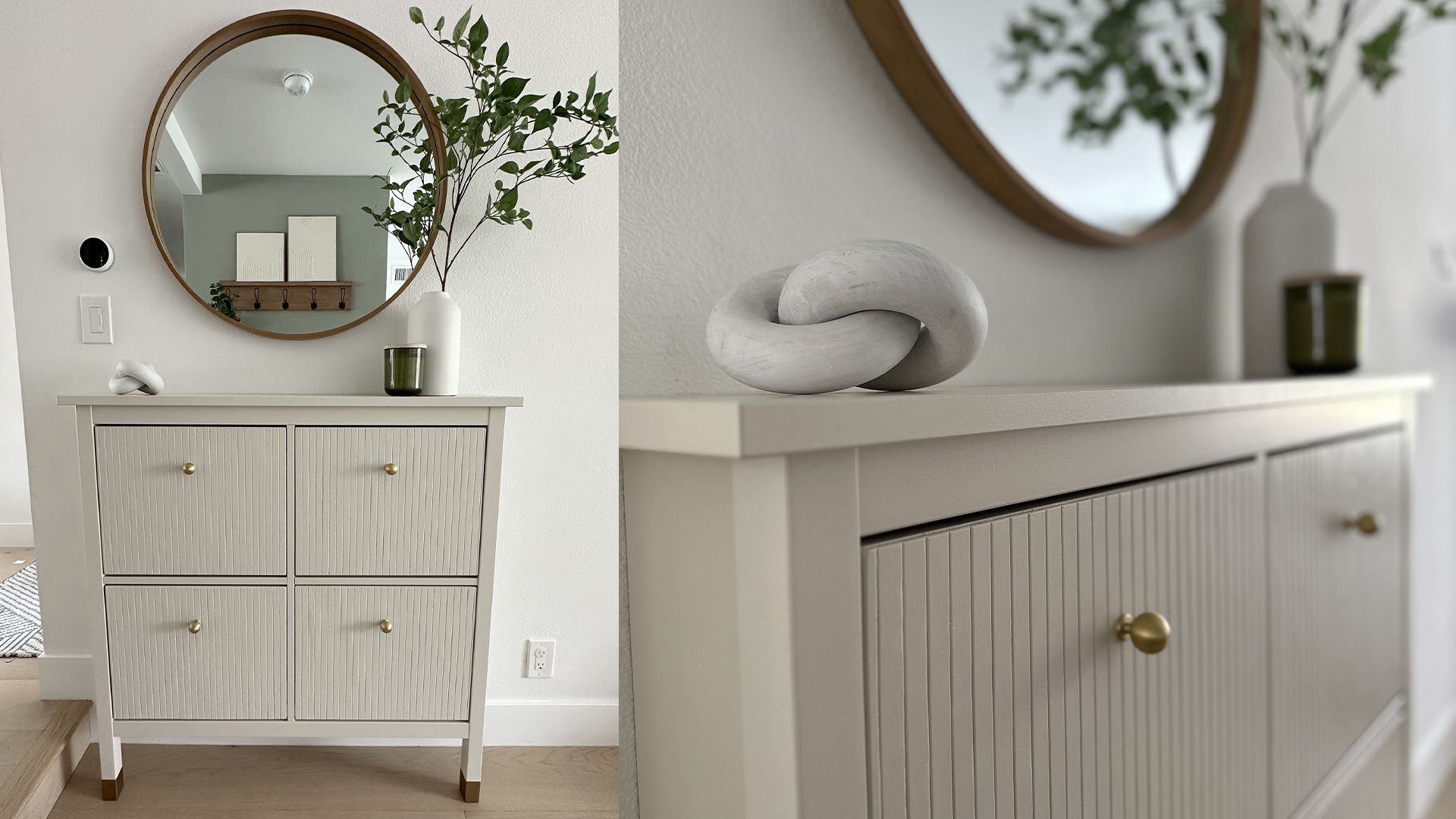 Cream drawer unit in interior hallway
