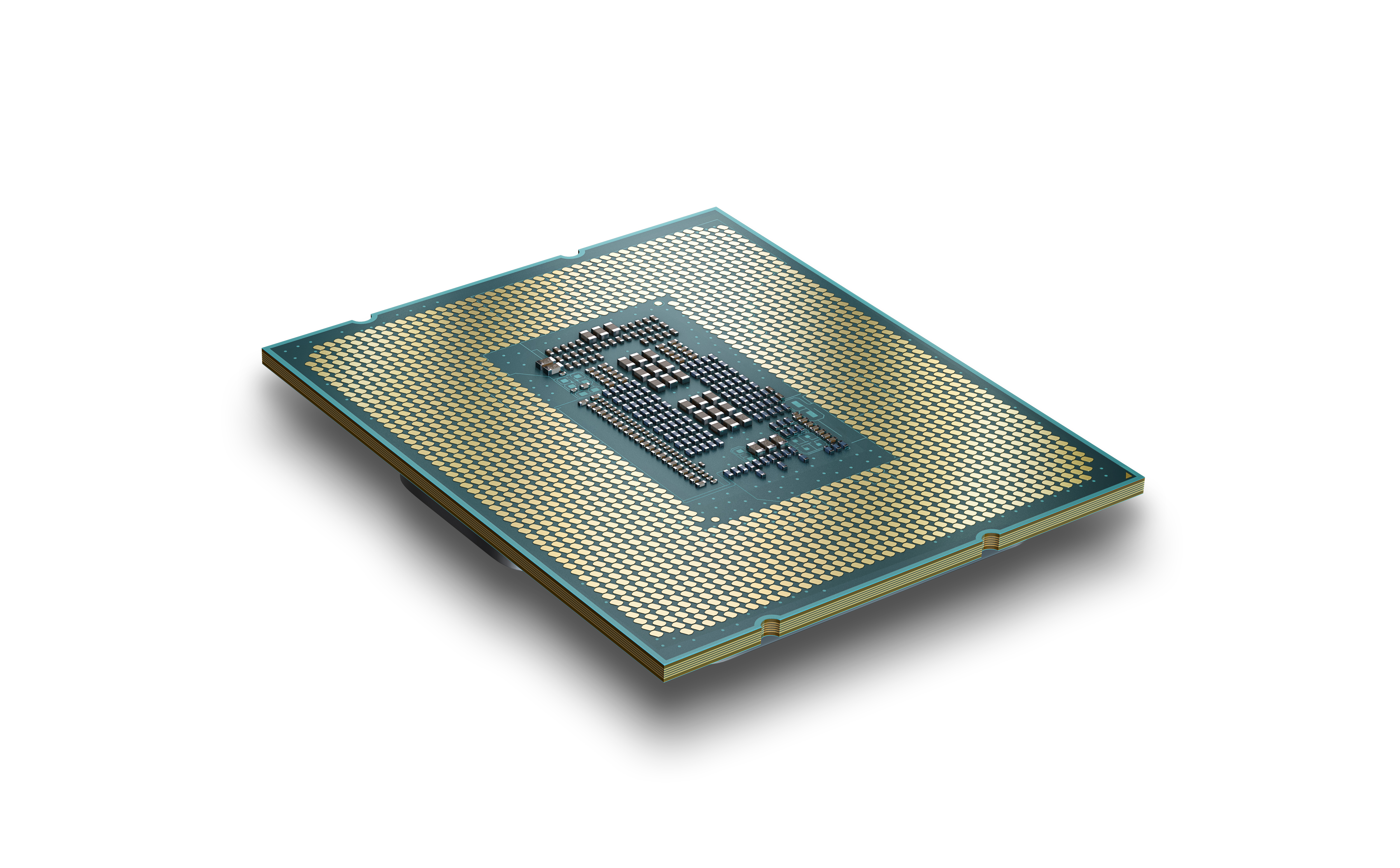 Undersiden av en Intel Core-prosessor av 13. generasjon på hvit bakgrunn