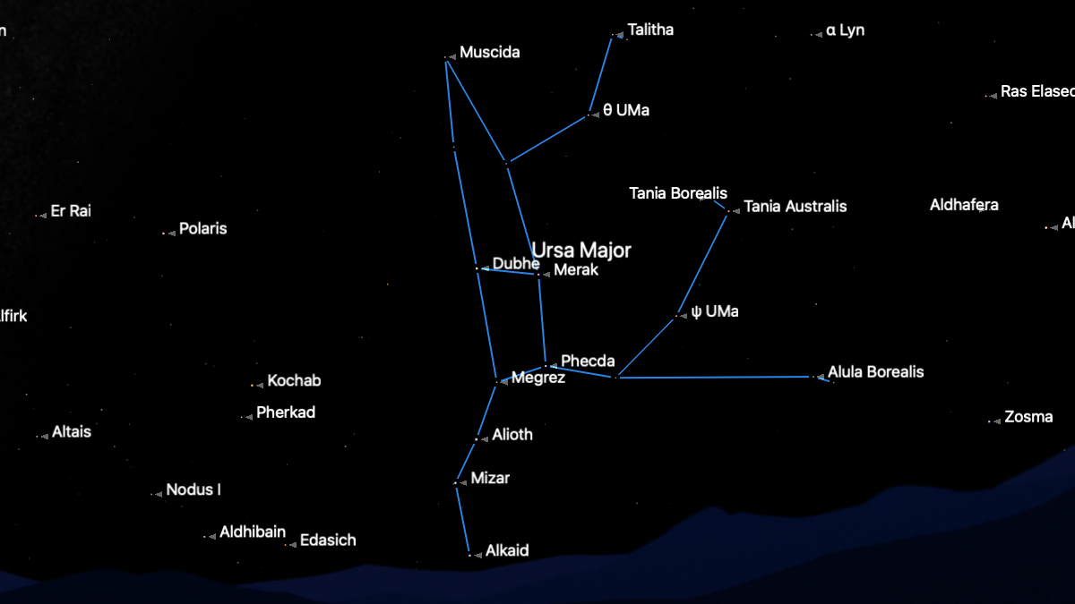 A simulation of the night sky for Jan. 17 showing the stars of the constellation Ursa Major connected by a blue line in a black sky.