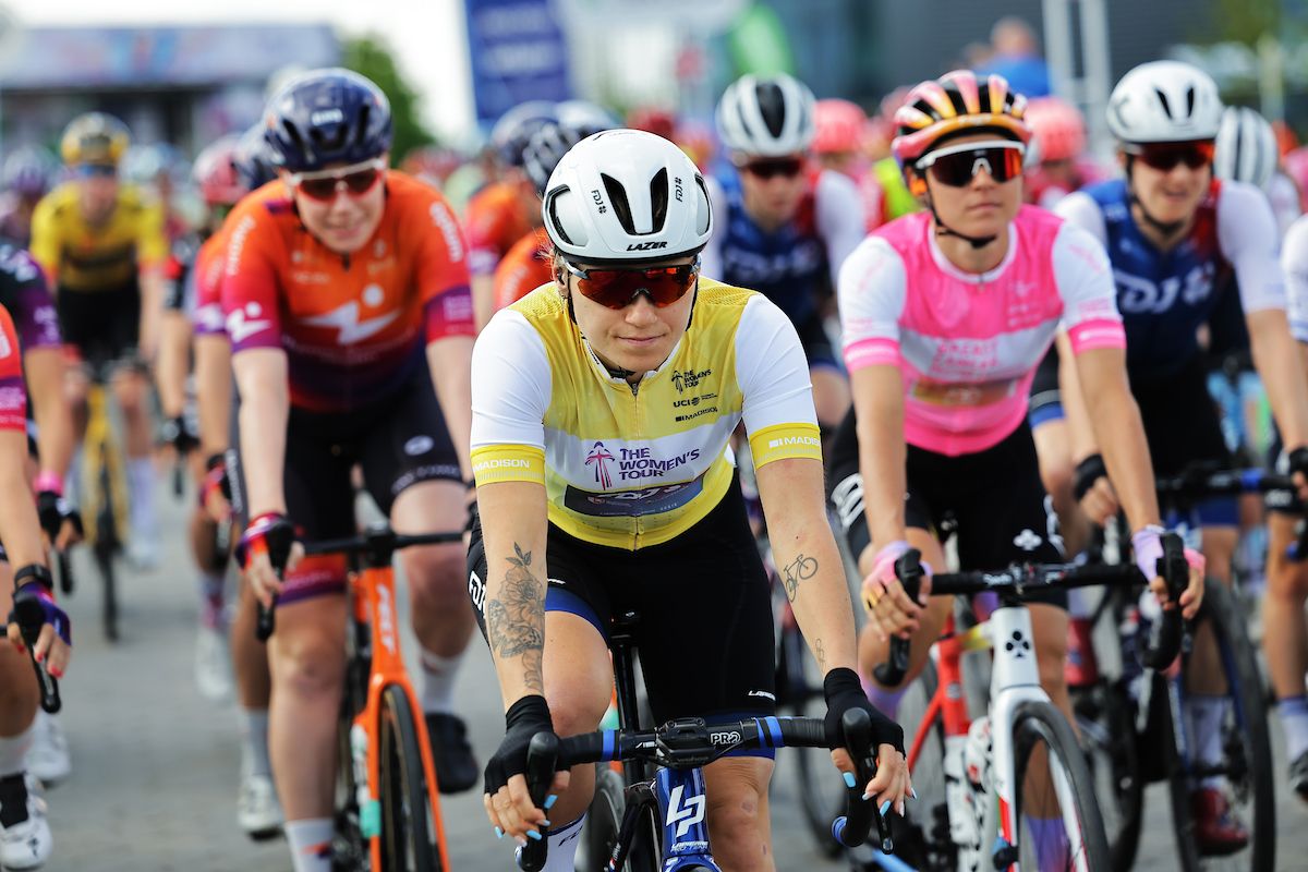 Picture by Alex Whitehead/SWpix.com - 07/06/2022 - Cycling - The Women&acirc;s Tour 2022 - Stage Two - Harlow, England - Clara Copponi (Wearing the Leaders Jersey) of FDJ Nouvelle Aquitaine Futuroscope rolls out for the start of Stage Two of the Women's Tour 2022