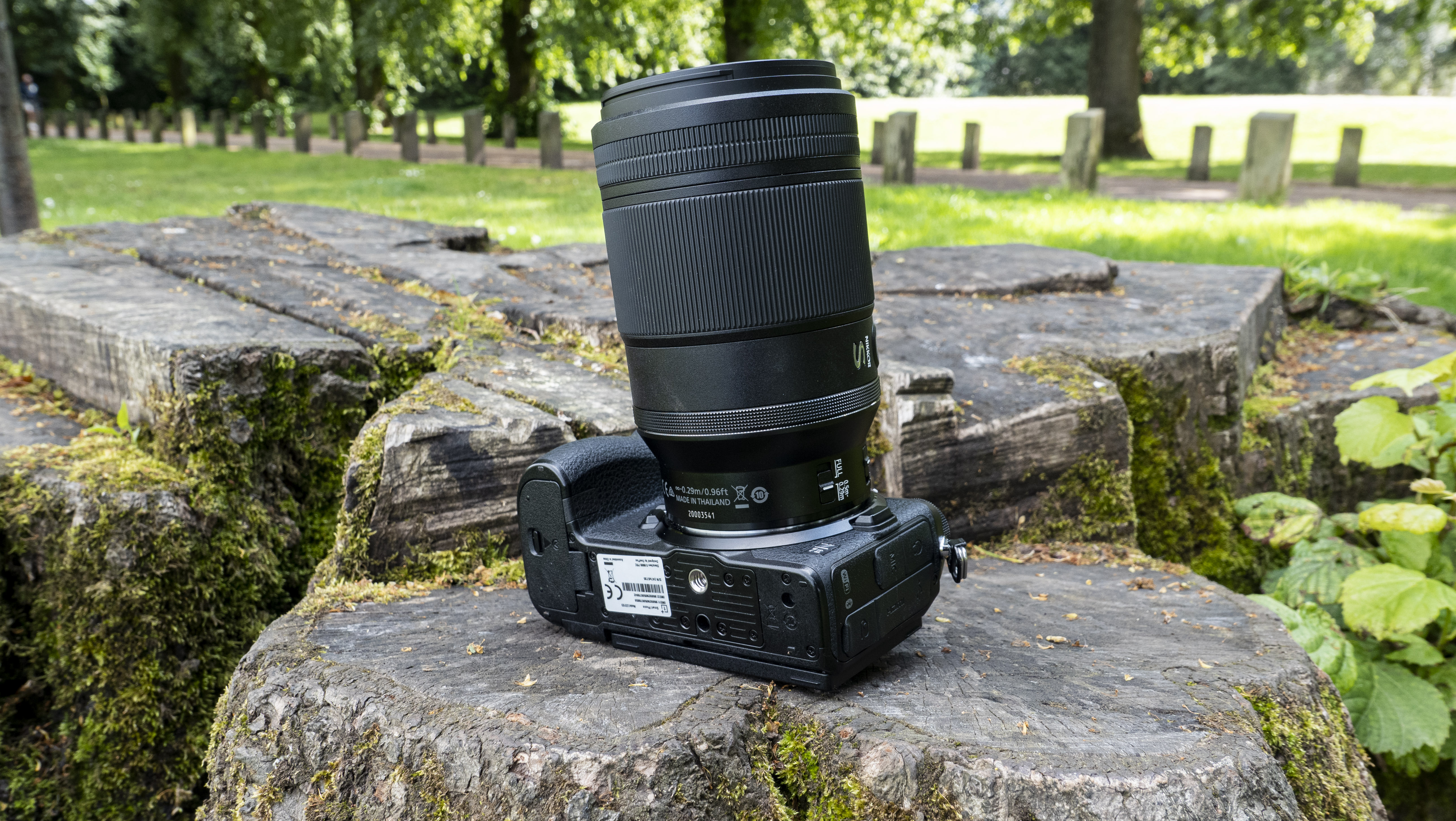 The underside of a Nikon Z7 II with the Nikon Nikkor Z MC 105mm f/2.8 VR S lens