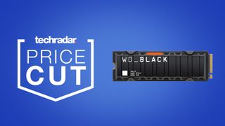 WD Black SN850 with heatsink on blue background next to techradar price cut badge