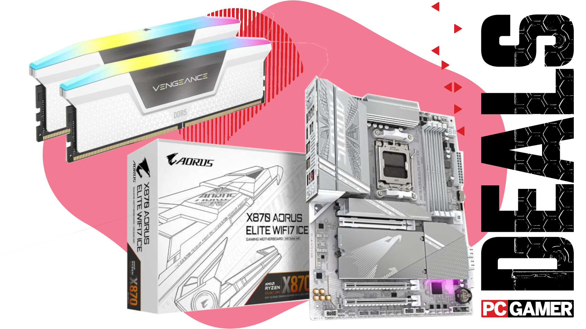 A Gigabyte motherboard with box alongside some Corsair RAM sticks and the word 'Deal' and the PC Gamer logo.