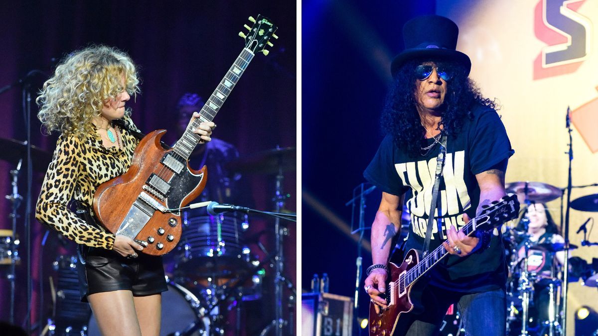 Grace Bowers (left) and Slash perform onstage