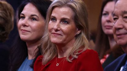 Sophie, Duchess of Edinburgh, wearing a red dress, attends the UNA-UK conference to mark the 80th anniversary of the founding of the UN