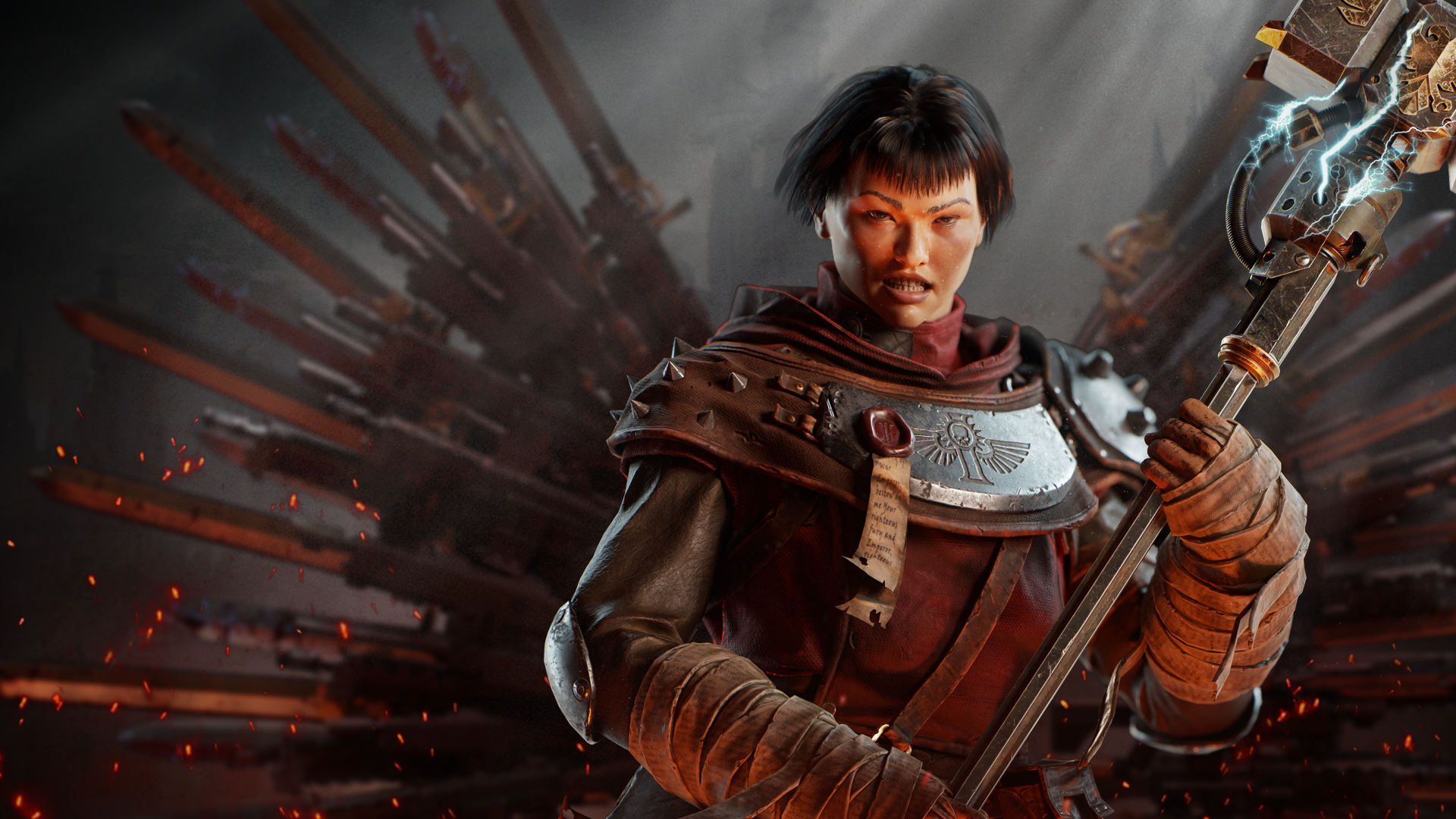Prédicateur zélote de Warhammer 40,000 Darktide.  Une femme aux cheveux noirs coupés court portant des robes et une armure rouges, elle tient un gros marteau qui crépite d'électricité.