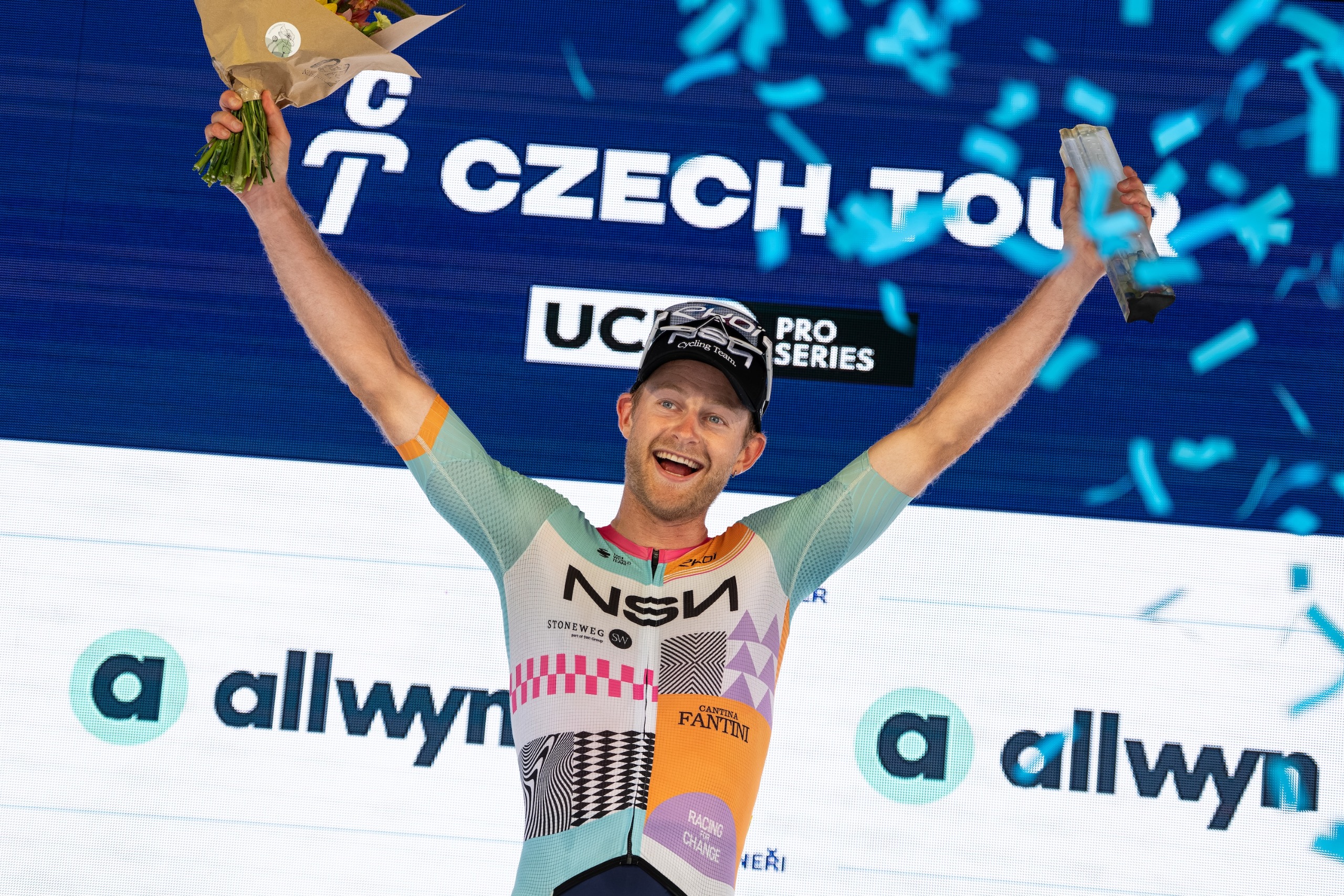 Riley Sheehan on the podium of the Czech Tour