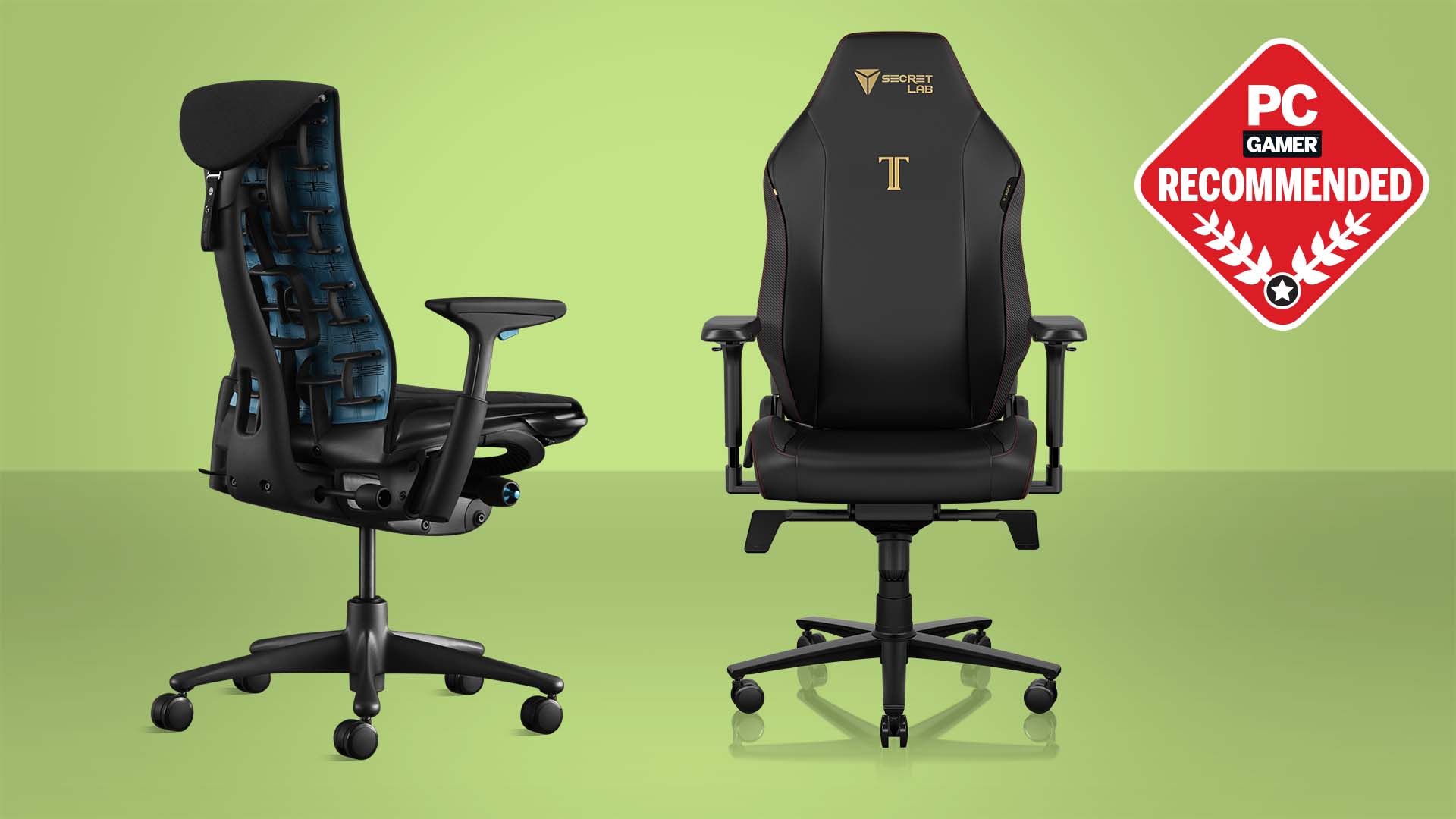 Comparison of two high-quality chairs (an ergonomic mesh office chair and a Secretlab gaming chair) showing different supportive designs for extended sitting