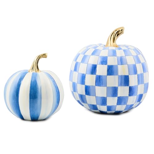 Mackenzie-Childs Set of 2 Pumpkins, Resin Halloween and Fall Decor, Small and Medium, Blue-And-White Royal Stripe and Check
