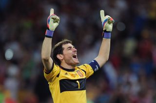 Iker Casillas celebrates Spain's third goal, scored by Fernando Torres, in the Euro 2012 final against Italy.