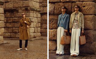 Male models wearing patterned shirts, blue and tan jackets and white and black trousers from the Loewe SW2015 collection