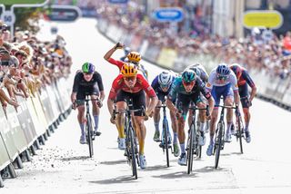 Tour of Britain: Wout van Aert caught in final metres as Rasmus Tiller wins stage 7 reduced sprint 