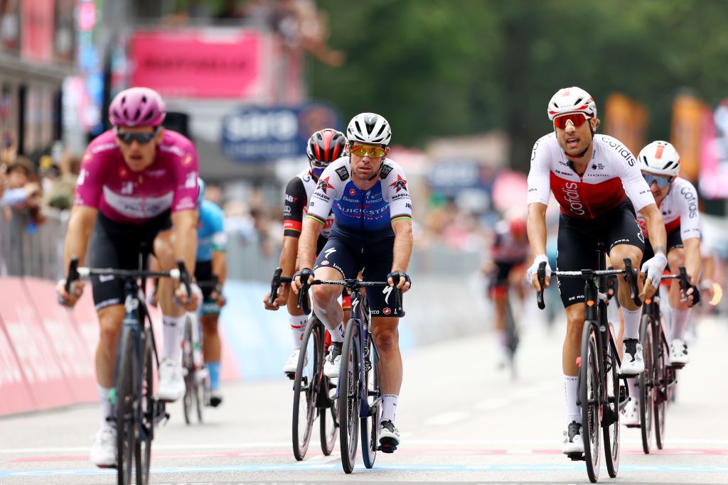 TREVISO ITALY MAY 26 Mark Cavendish of United Kingdom and Team QuickStep Alpha Vinyl crosses the finishing line during the 105th Giro dItalia 2022 Stage 18 a 156km stage from Borgo Valsugana to Treviso Giro WorldTour on May 26 2022 in Treviso Italy Photo by Michael SteeleGetty Images