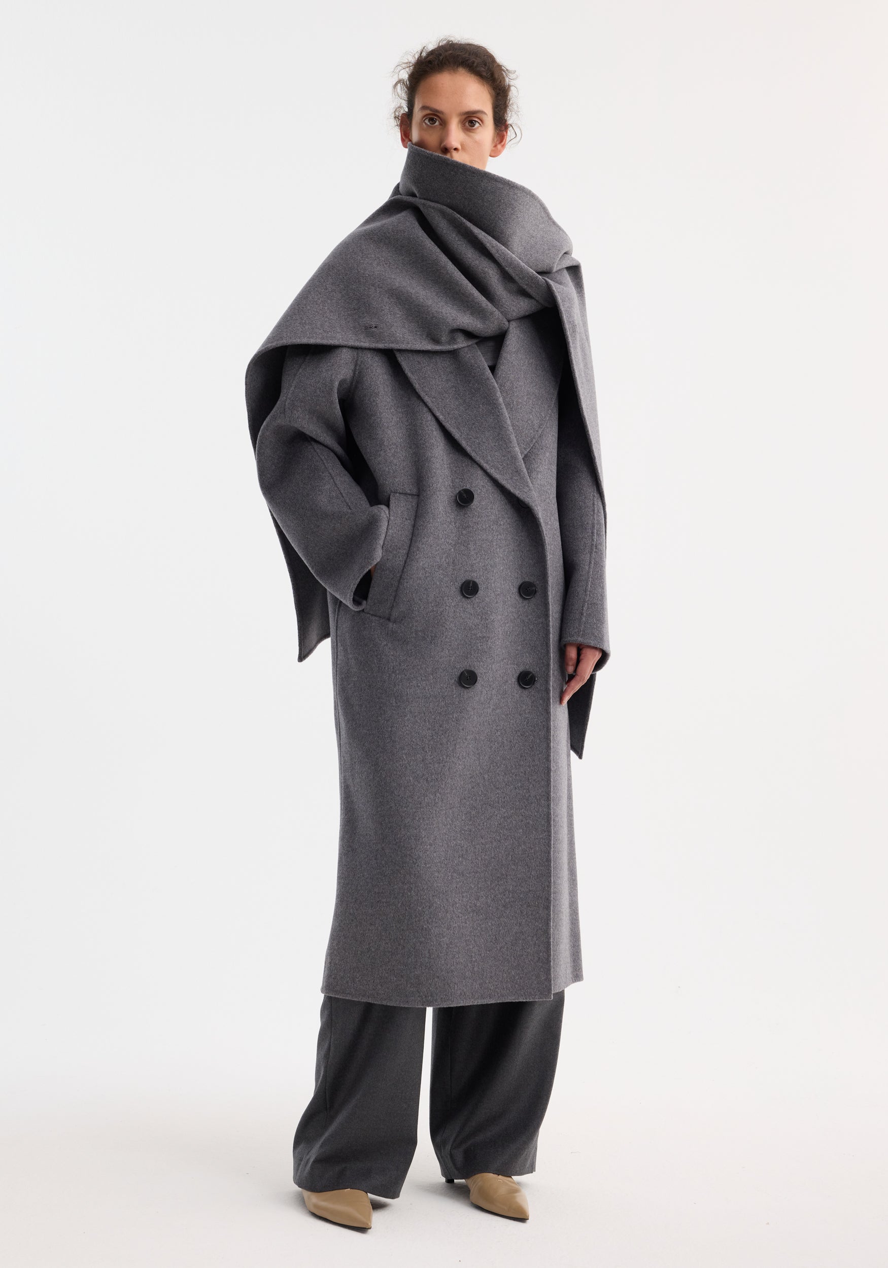 Signature Double-Faced Scarf Coat | Mid Grey Melange