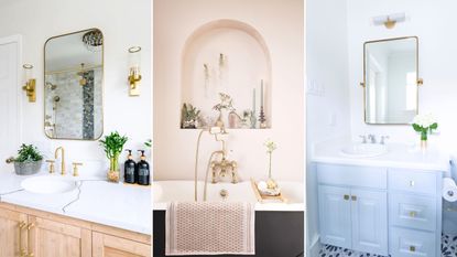 A collage of bathroom pix, one angled shot of a wooden vanity with a gold rectangular mirror, a pink bathroom with a black bath tub and arched shelf, and a blue bathroom with a light blue vanity