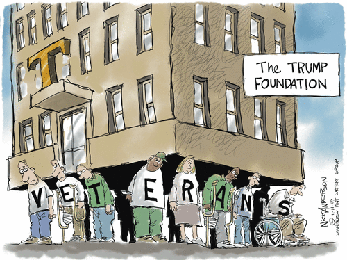 Political Cartoon U.S. Trump Foundation Veterans Shoulders