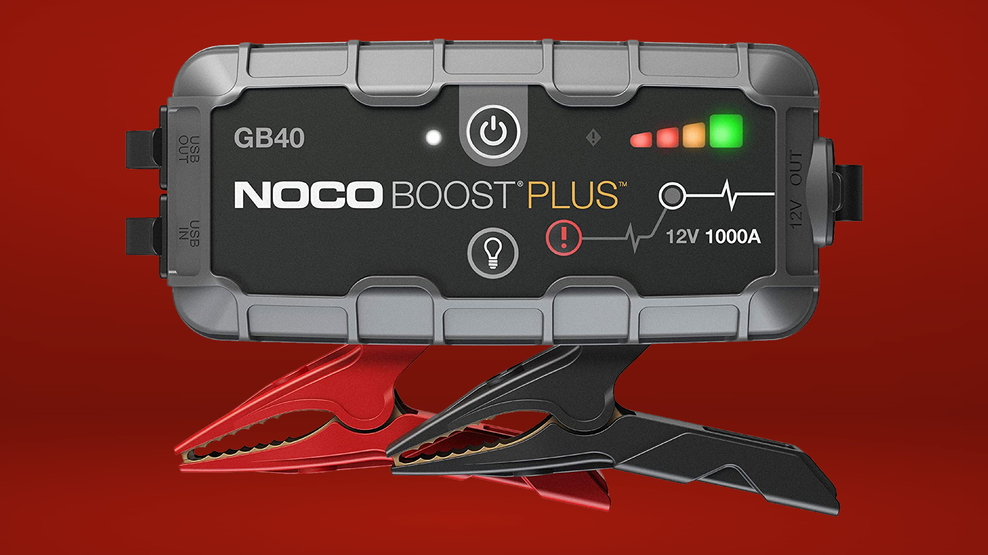 noco boost gb40 jump starter on red background