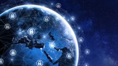 An image of network security icons for a network encircling a digital blue earth.