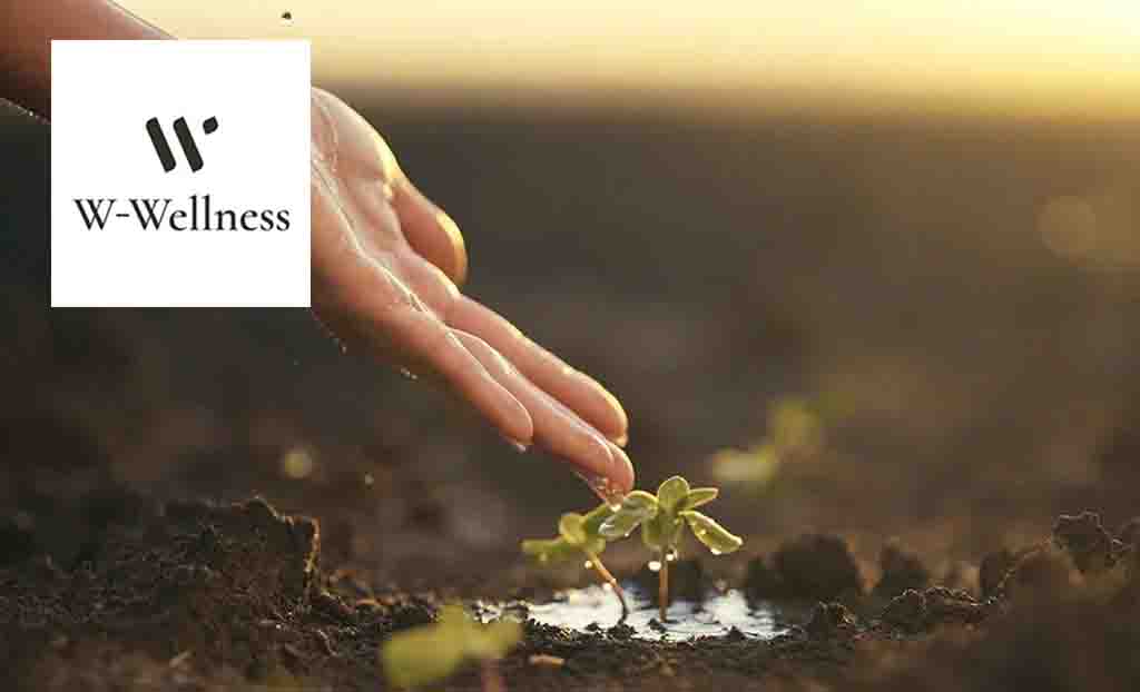W-Wellness logo placed over an image of a hand touching a plant 