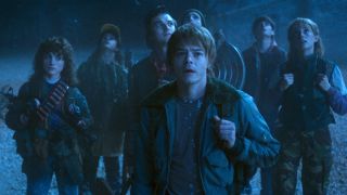 Natalia Dyer as Nancy Wheeler, Gaten Matarazzo as Dustin Henderson, Joe Keery as Steve Harrington, Charlie Heaton as Jonathan Byers, Finn Wolfhard as Mike Wheeler, Noah Schnapp as Will Byers, and Maya Hawke as Robin Buckley in Stranger Things: Season 5