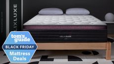 The Helix Dusk Luxe mattress on a bed frame next to a Helix Luxe mattress box, a Tom's Guide Black Friday mattress deals graphic (left)