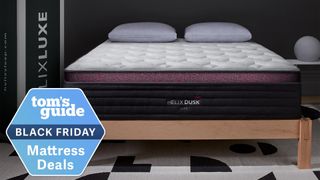 The Helix Dusk Luxe mattress on a bed frame next to a Helix Luxe mattress box, a Tom&#039;s Guide Black Friday mattress deals graphic (left)