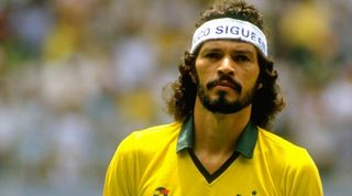 1 Jun 1986: Socrates of Brazil lines up before the World Cup match against Spain at the Jalisco Stadium in Guadalajara, Mexico. Brazil won the match 1-0. \ Mandatory Credit: David Cannon/Allsport