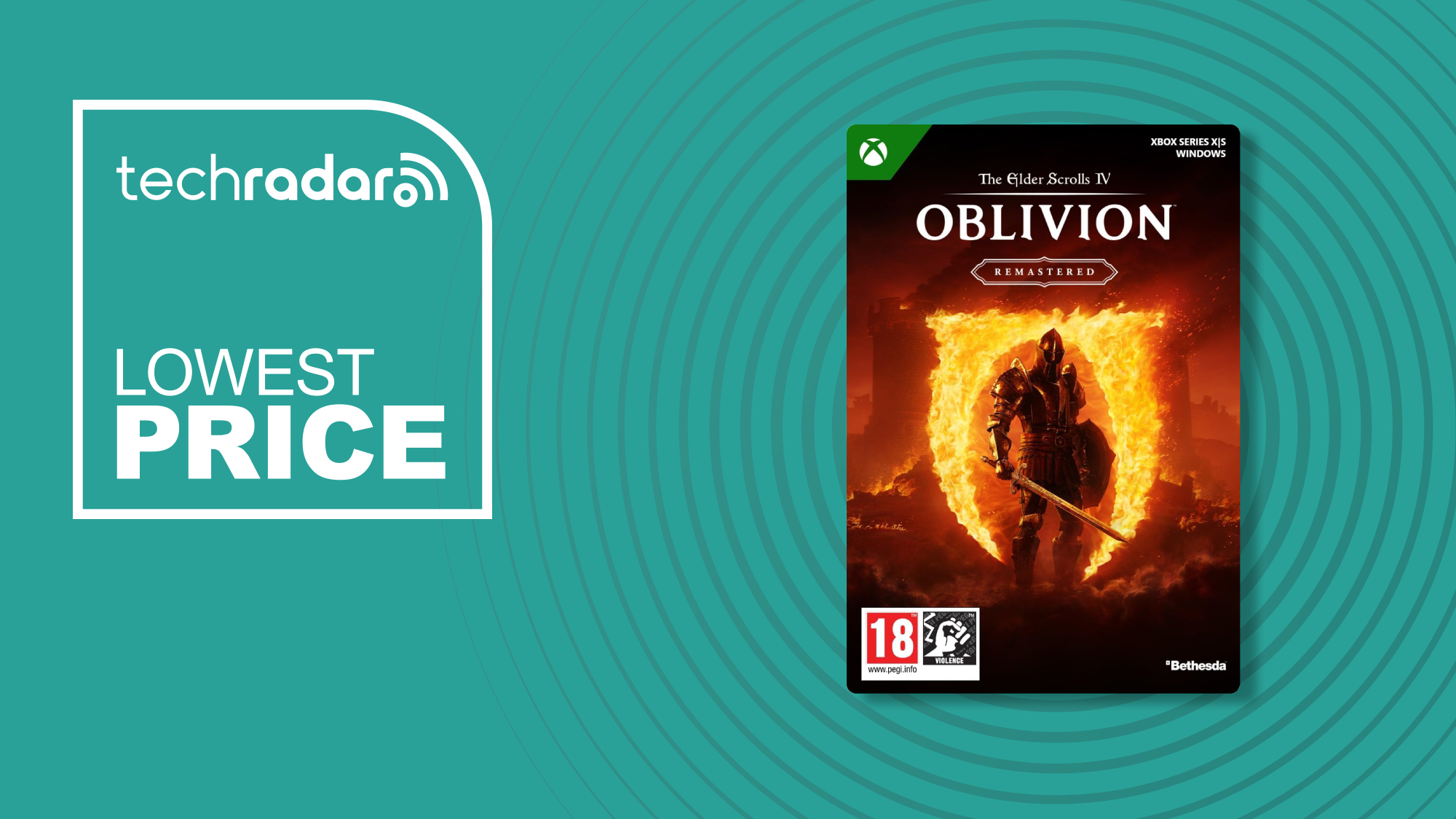 The Elder Scrolls 4: Oblivion Remastered in front of a teal background featuring the words &#039;lowest price&#039;.