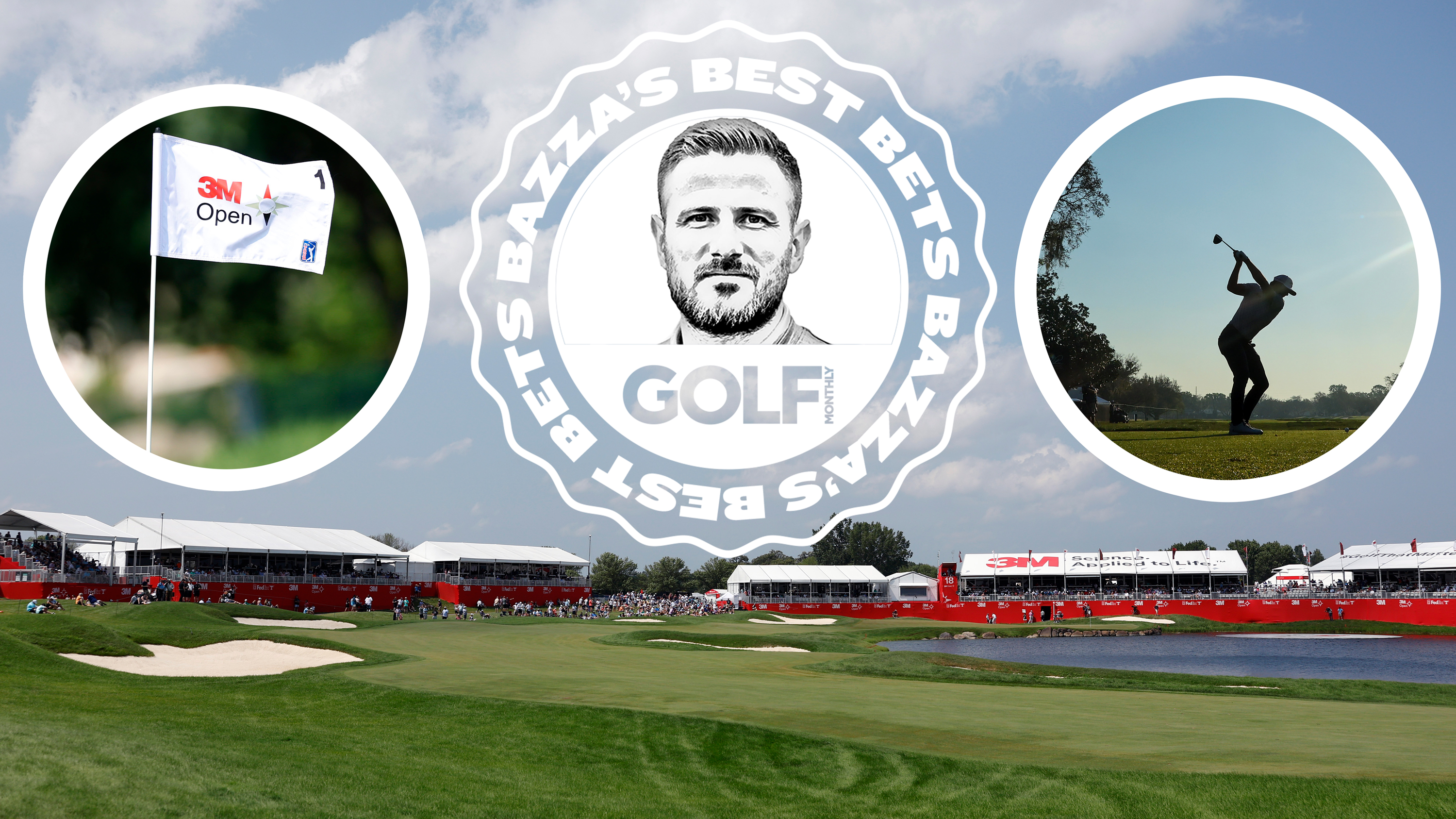 The 18th green at TPC Twin Cities, host of the 3M Open, with inset images of the &#039;Bazza&#039;s Best Bets&#039; logo, a silhouette of best bet Sam Burns, and a 3M Open flag on the green