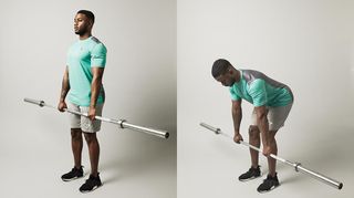 Man demonstrates two positions of the Romanian deadlift using an empty Olympic barbell