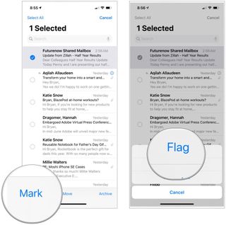 To flag an email, tap messages you'd like to flag, tap Mark, choose Flag or Unflag, depending on what you want.