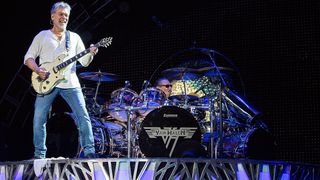 Eddie Van Halen (L) and Alex Van Halen of Van Halen perform on stage at Sleep Train Amphitheatre on September 30, 2015 in Chula Vista, California