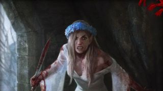 An elf in a blood-spattered bridal gown holds a blade