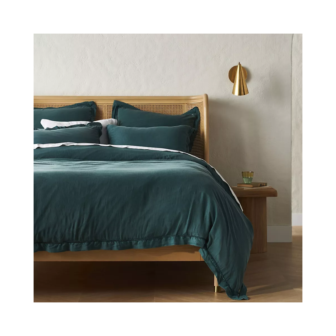Embroided green linen duvet cover set
