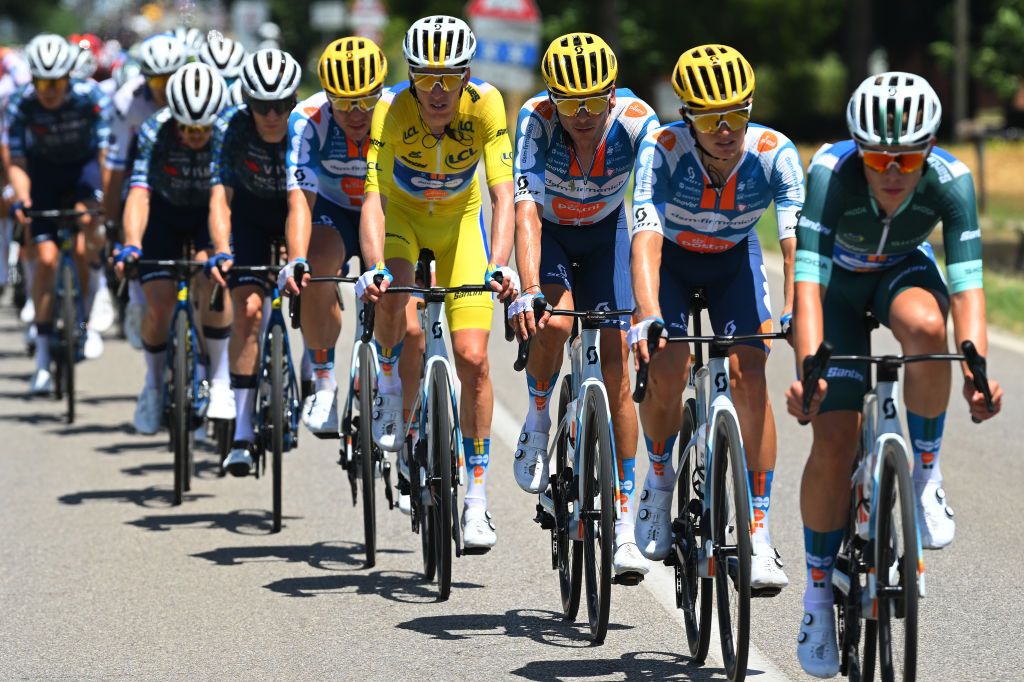 BOLOGNA ITALY JUNE 30 LR Fabio Jakobsen of Netherlands Romain Bardet of France Yellow Leader Jersey Warren Barguil of France Oscar Onley of The United Kingdom and Frank van den Broek of Netherlands and Team dsmfirmenich PostNL Green Sprint Jersey during the 111th Tour de France 2024 Stage 2 a 1992km stage from Cesenatico to Bologna UCIWT on June 30 2024 in Bologna Italy Photo by Dario BelingheriGetty Images