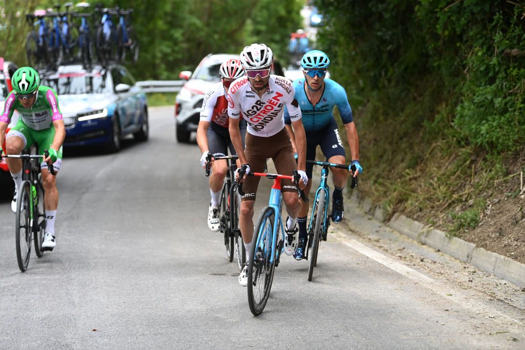 FOSSOMBRONE ITALY MAY 13 Valentin ParetPeintre of France and AG2R Citron Team competes in the chase group during the 106th Giro dItalia 2023 Stage 8 a 207km stage from Terni to Fossombrone UCIWT on May 13 2023 in Fossombrone Italy Photo by Tim de WaeleGetty Images