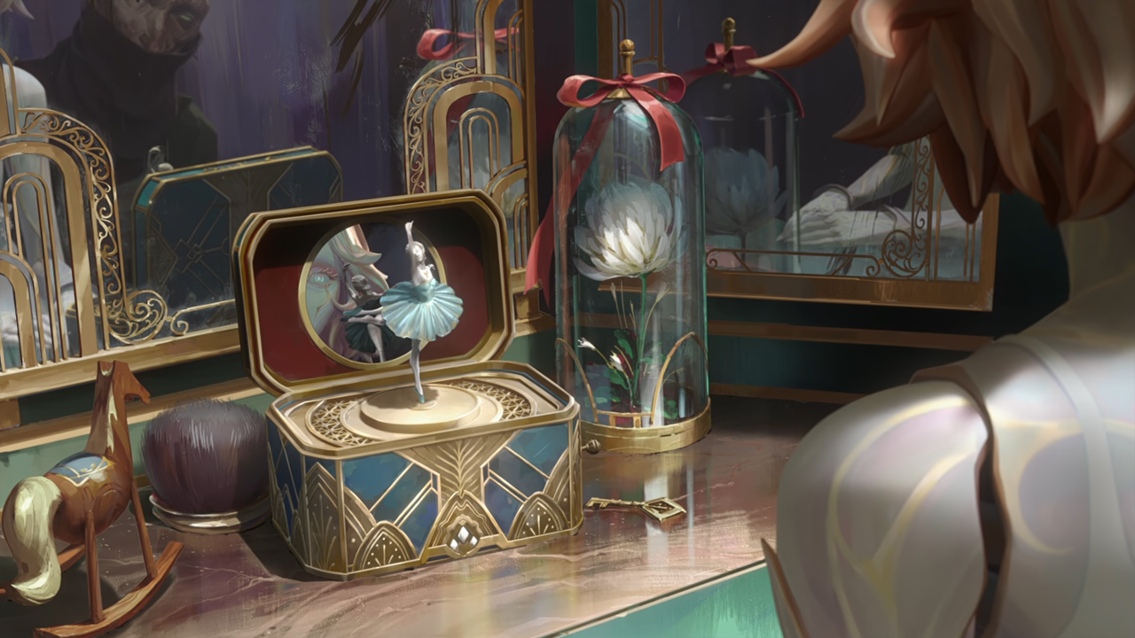 Orianna sees her reflection in her ballerina wind-up toy as Singed looks on through the mirror in Arcane season 2