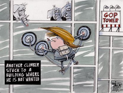 Political cartoon U.S. Donald Trump suction cups building GOP tower