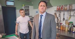 Tony Hutchinson struglgles with Harry Thompson’s confession that he killed Amy in Hollyoaks.